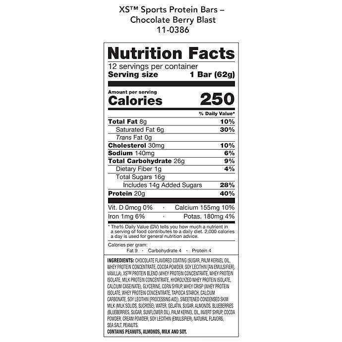 Amway XS Sports Protein Bars Chocolate Berry Blast | 20 g Protein | 12 Bars | Chocolate Berry Flavor | Protein Snack Bar | Cocoa | Berry Flavor | Ready-to-Eat Bar | Individual Bars | XS Sports | Protein Bar | 12 Count | Chocolate Bar | Original XS Product