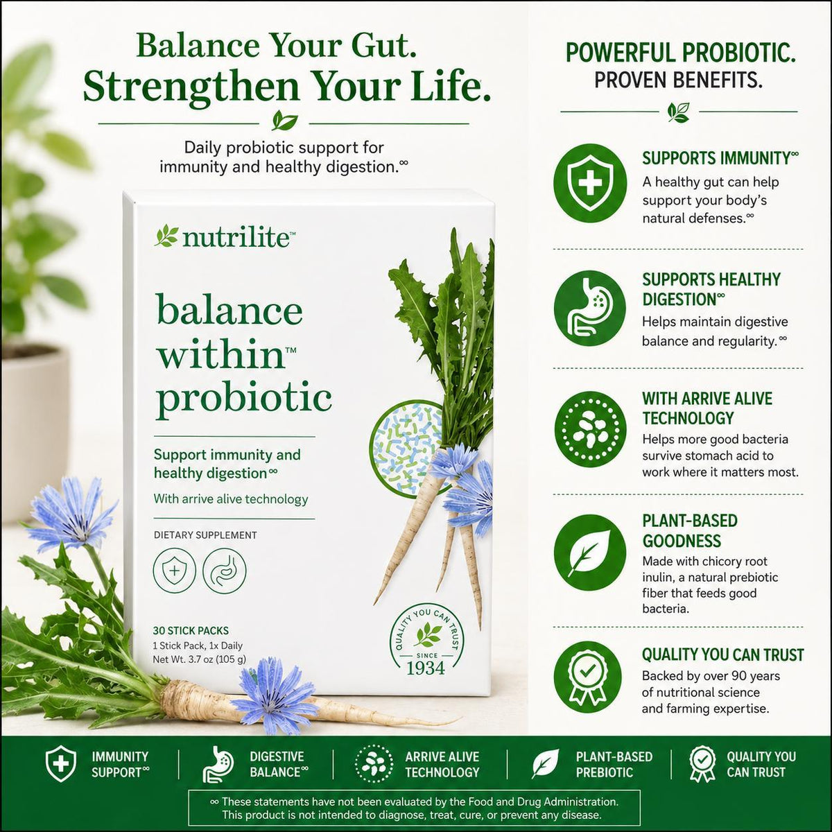 Nutrilite Balance Within Probiotic Stick Packs 30 Count | Probiotic Supplement with Prebiotic Fiber | Daily Probiotic Stick Packs | Powdered Probiotic Formula | Individual Stick Packs for Everyday Nutrition Routine | 30 Count Pack | Prebiotic Fiber Powder