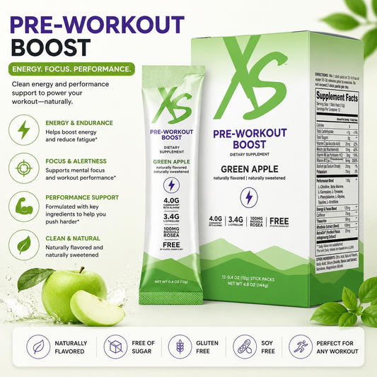 Amway XS Pre Workout Boost Green Apple | 12 Stick Packs Pre Workout Drink Mix Dietary Supplement Daily Wellness Essential Nutrients Cellular Nutrition Daily Nutrition Nutritional Wellness Energy Nutrition