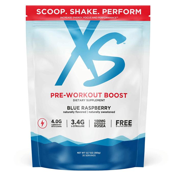Amway XS Pre-Workout Boost Blue Raspberry, 30-Serving Pouch, Pre-Workout Supplement with 4 g CarnoSyn Beta-Alanine, 3.4 g L-Citrulline, 115mg Caffeine, 100mg Rhodiola Rosea, 200mg L-Theanine, B Vitamins & Amino Acids Sugar Free, Stevia Sweetened Formula