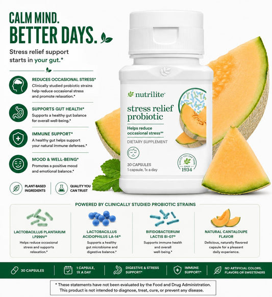 Amway Nutrilite Stress Relief Probiotic 30 Servings | Probiotic Strains with Melon Concentrate | Probiotic Formula | Melon Co