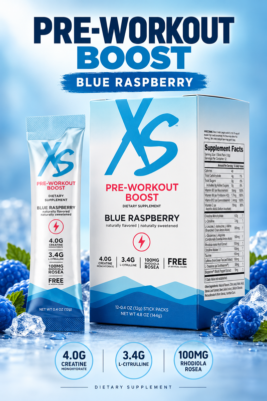 Amway XS Pre-Workout Boost Blue Raspberry, 12 Stick Packs, Pre-Workout Drink Mix, Blue Raspberry Pre-Workout, XS Pre-Workout Stick Packs, Blue Raspberry Drink Mix, 12 Pack, Amway XS Pre-Workout, Blue Raspberry Flavor, Stick Pack Drink Mix, 12 Serving Pack