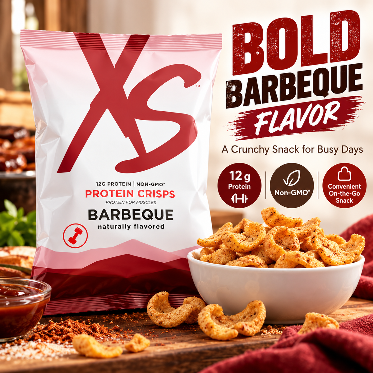 Amway XS Protein Crisps Barbeque | 12 g Pea Protein | Barbeque Flavor | 12 Bags | Pea Protein Crisps | Protein Snack Crisps | Crunch Snack | XS Protein | 12 Count | Barbeque Snack | Pea Protein Snack | Original XS Product | Ready-to-Eat | Savory Snack New