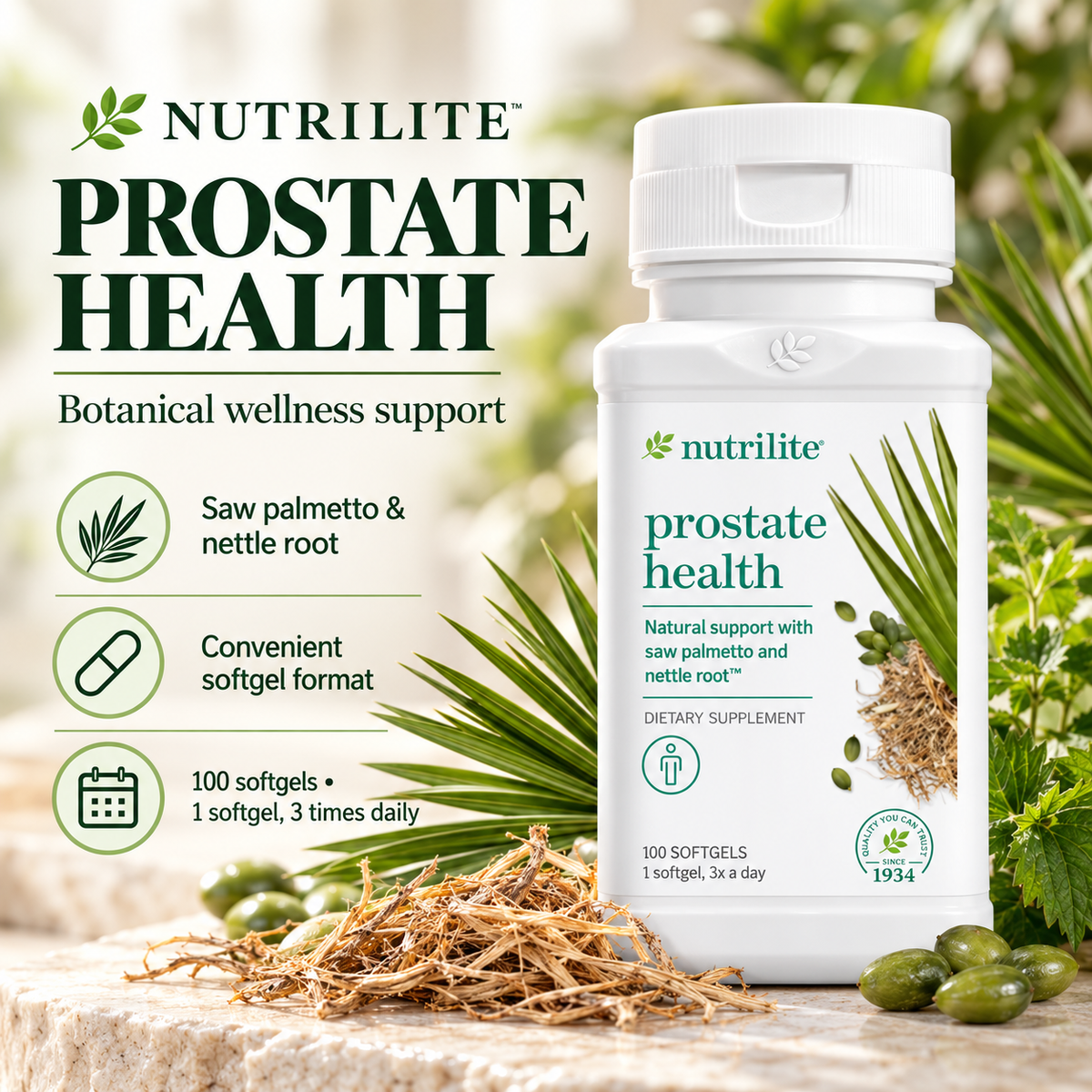 Amway Nutrilite Prostate Health 100 Softgels | Saw Palmetto Nettle Root Extract | Softgel Formula | Nutrilite Prostate Health | 100 Softgels | Botanical Ingredients | Plant Extract Formula | Original Formula for Adults | Nutrilite Softgels | Adult Formula