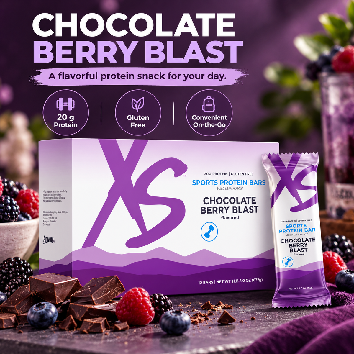 Amway XS Sports Protein Bars Chocolate Berry Blast | 20 g Protein | 12 Bars | Chocolate Berry Flavor | Protein Snack Bar | Cocoa | Berry Flavor | Ready-to-Eat Bar | Individual Bars | XS Sports | Protein Bar | 12 Count | Chocolate Bar | Original XS Product