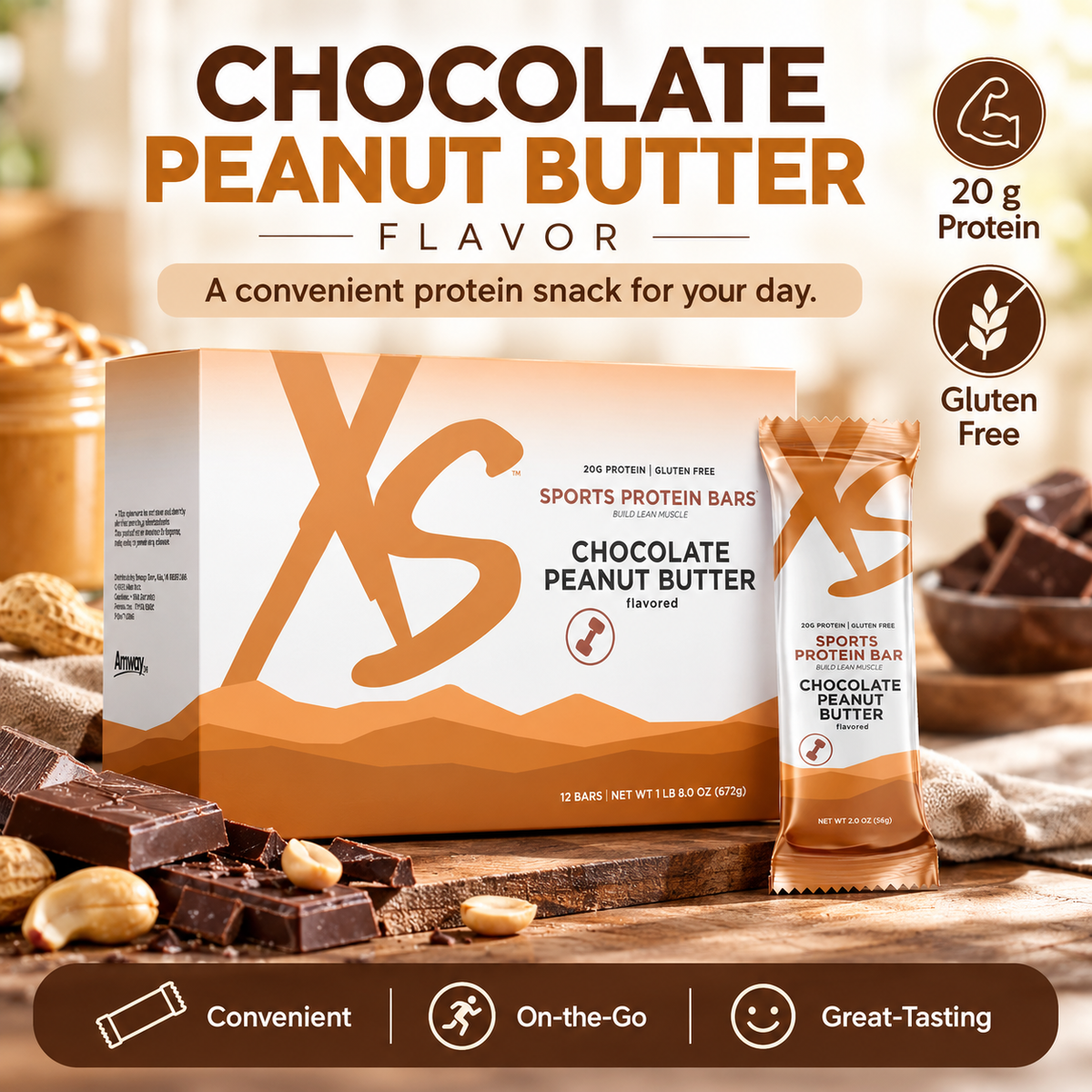 Amway XS Sports Protein Bars Chocolate Peanut Butter | 20 g Protein | 12 Bars | Chocolate Peanut Butter Flavor | Protein Snack Bar | Peanut Butter Bar | Chocolate Bar | XS Sports | Protein Bar | 12 Count | Ready-to-Eat Bars | Individual Bars | Original XS