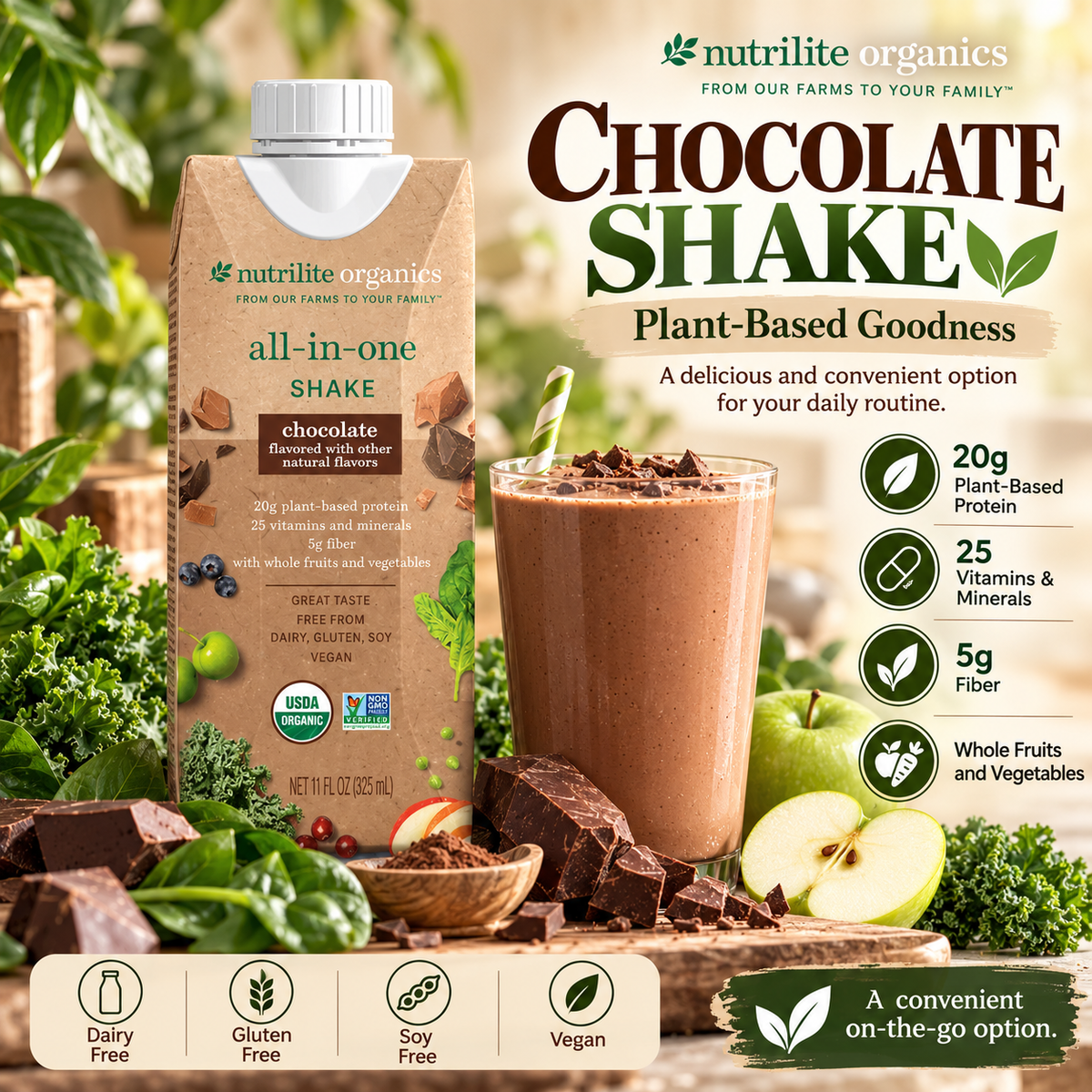 Amway Nutrilite Organics All-in-One Shakes Chocolate 12 Pack | Ready-to-Drink Vegan Protein Shake with Fiber Vitamins Minerals | USDA Organic | Plant-Based Beverage | Chocolate Flavor | 12 Bottles | Organic Plant Ingredients | Original Formula for Adults.