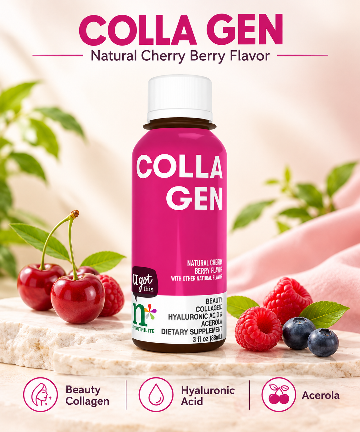 Amway n by Nutrilite Collagen Shots 9 Pack | Liquid Collagen Drink with Vitamin C | Cherry Berry Flavor | 3 fl oz Single-Serve Bottles | Ready-to-Drink | Collagen Beverage | 9 Bottles | Portable Pack Size | Original Formula for Adults | Nutrilite Collagen