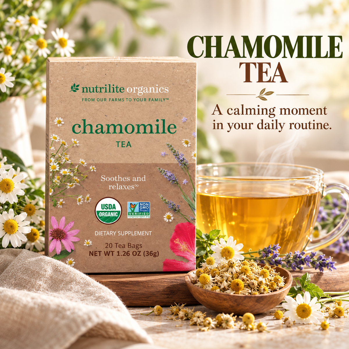 Amway Nutrilite Organics Chamomile Tea 20 Servings | Chamomile Lavender Herbal Tea | Organic Botanicals | Caffeine-Free | Vegan | Chamomile Tea Bags | Lavender Flavor | 20 Servings | Herbal Beverage | Organic Tea Blend | Nutrilite Organics Tea