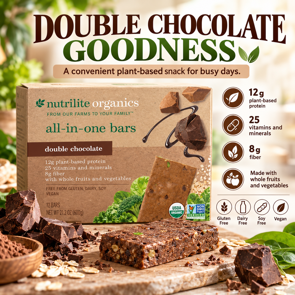 Amway Nutrilite Organics All-in-One Bars Double Chocolate 12 Pack | Vegan Protein Snack Bar with Fiber Vitamins Minerals | USDA Organic | Plant-Based Ingredients | Cocoa Bar | Double Chocolate Flavor | 2 Bars | Organic Plant Ingredients | Original Formula