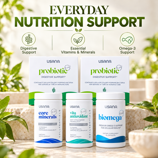 USANA Core Health Bundle | Cellsentials Vita Antioxidant Core Minerals BiOmega Omega 3 Daily Wellness Supplement Bone Heart Brain Immune Cellular Nutrition Energy Metabolism Muscle Function Essential Vitamins Minerals Fish Oil Support