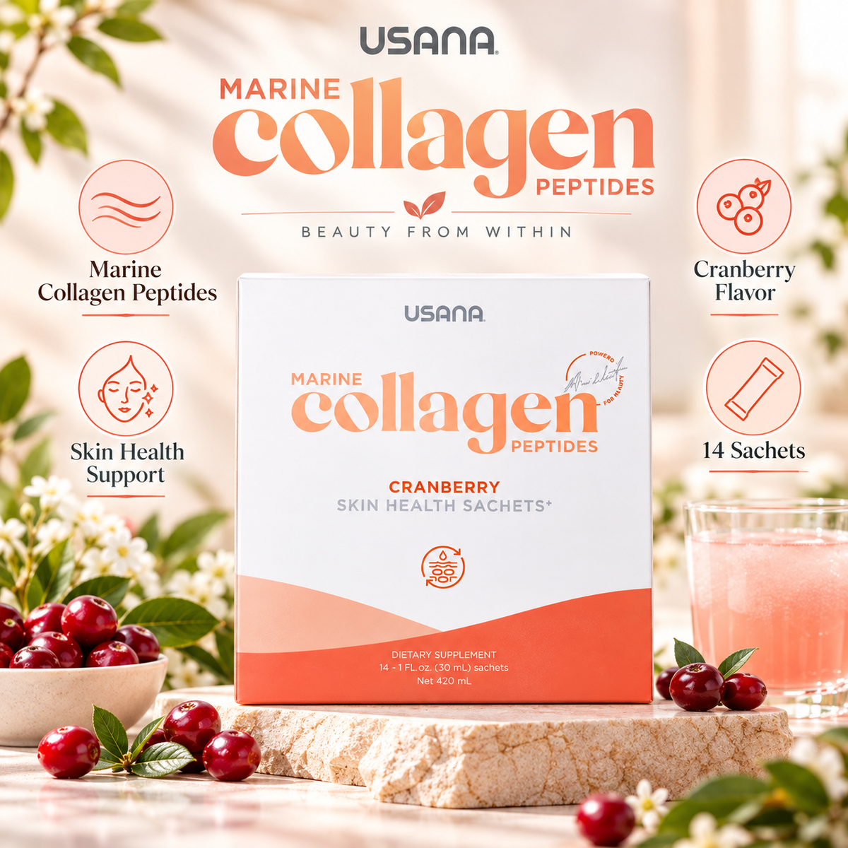 USANA Marine Collagen Peptides, Ready-to-Drink Marine Collagen Sachets, Cranberry Flavor, Marine Collagen Drink, Cranberry Collagen Sachets, USANA Collagen Peptides, Ready-to-Drink Sachets, Cranberry Drink Mixes, Collagen Sachets, Cranberry Collagen Drink