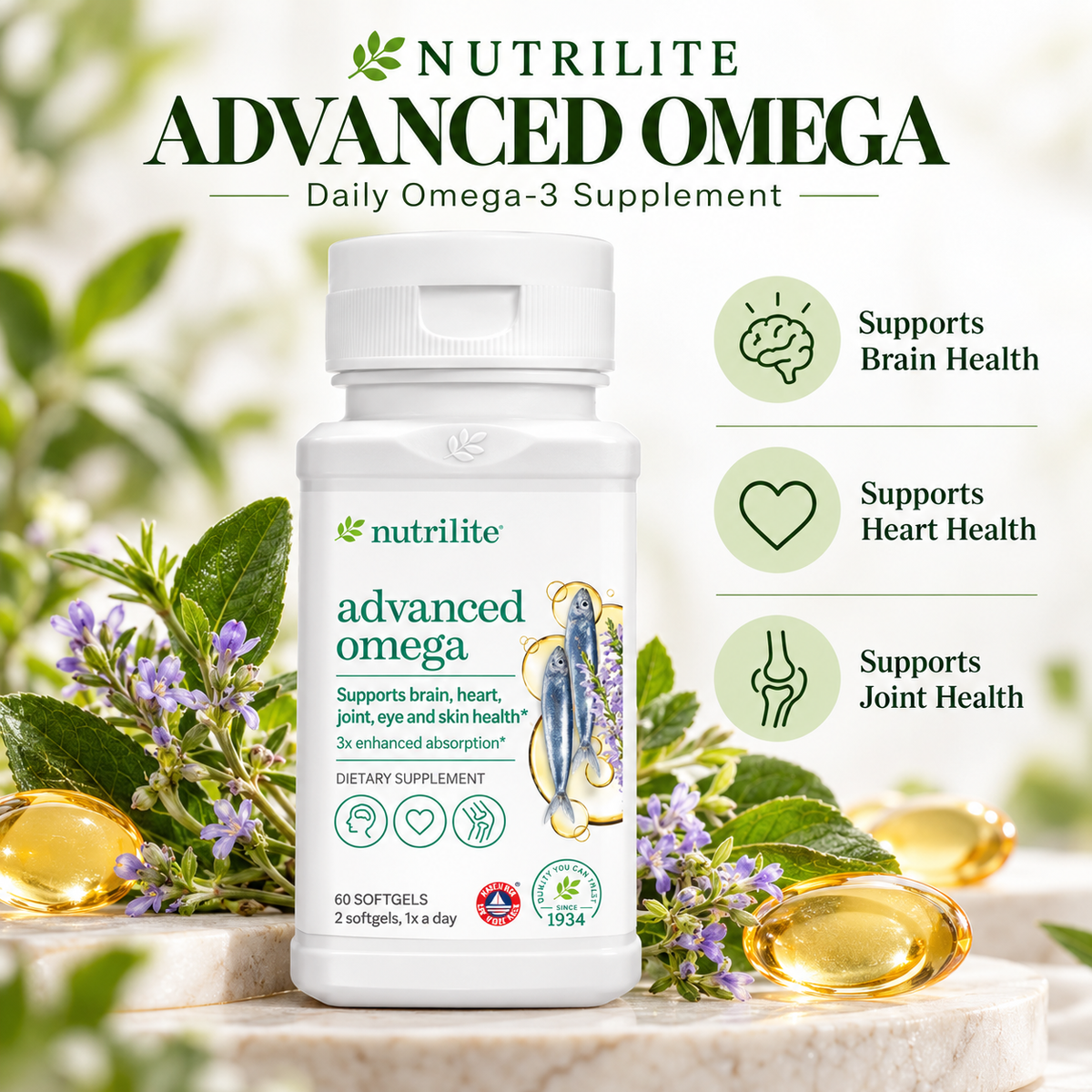 Amway Nutrilite Advanced Omega 60 Softgels | Omega 3 Fish Oil with Chia | DHA EPA ALA | Fish Oil Softgels | Chia Seed Oil | Omega 3 Formula | 60 Softgels | Nutrilite Omega | Easy Absorption | Sustainable Sourcing | Original Formula for Adults | Omega Pack