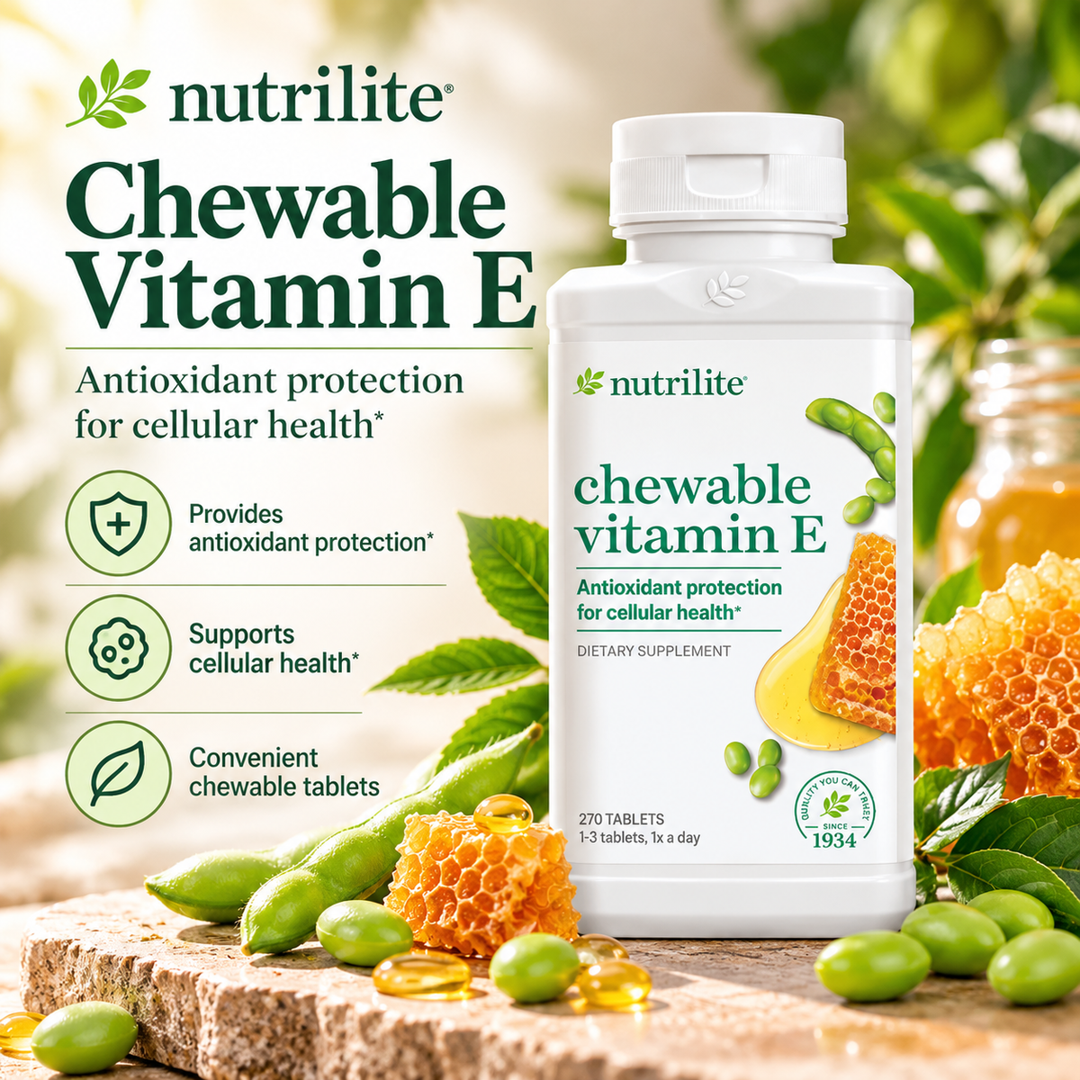 Amway Nutrilite Chewable Vitamin E Tablets 270 Count | Vitamin E with Lecithin | Chewable Vitamin E | Vitamin E Tablets | Lecithin | Nutrilite Vitamin E | 270 Tablets | Chewable Tablets | Original Formula for Adults | Vitamin E Formula | Nutrient Formulas