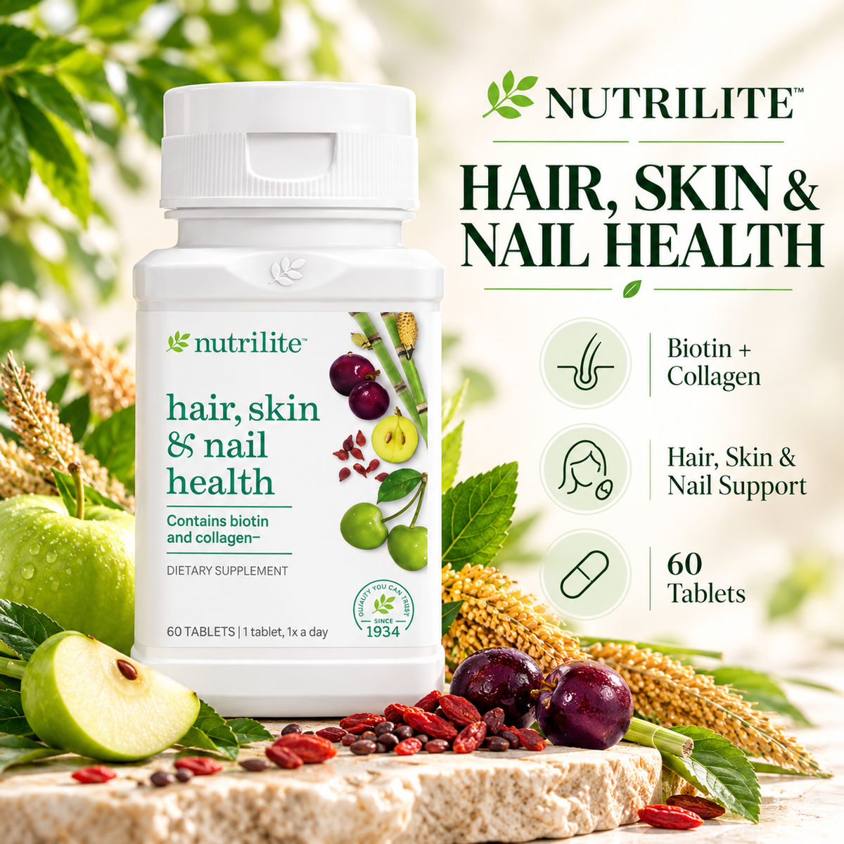 Amway Nutrilite Hair Skin Nail 60 Tablets | Biotin Collagen Plant-Based Nutrients | Biotin Tablets | Collagen Nutrients | Hair Skin Nail Formula | 60 Tablets | Nutrilite Beauty Formula | Plant Nutrients | Original Formula for Adults | Nutrient Formula Set