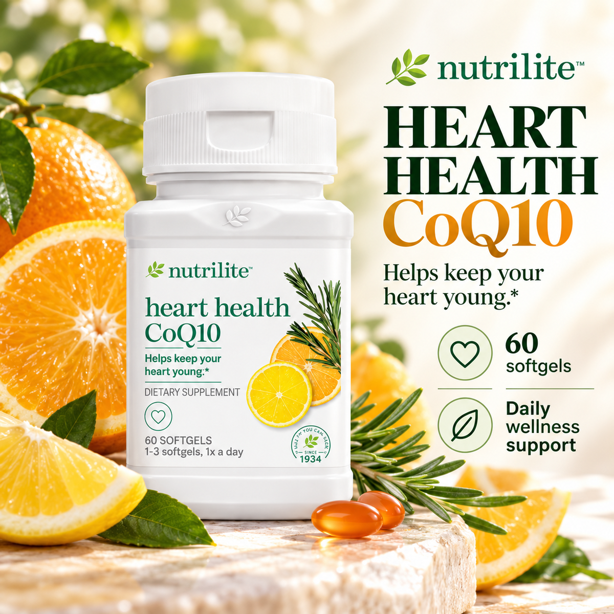 Amway Nutrilite CoQ10 Heart Wellness Softgels 60 Count | CoQ10 with Rosemary & Citrus Extracts | Coenzyme Q10 Softgels | Nutrilite CoQ10 Formula with Botanical Extracts | 60 Softgels | Natural Ingredient Formula for Adults | Plant-Based Formula for Adults