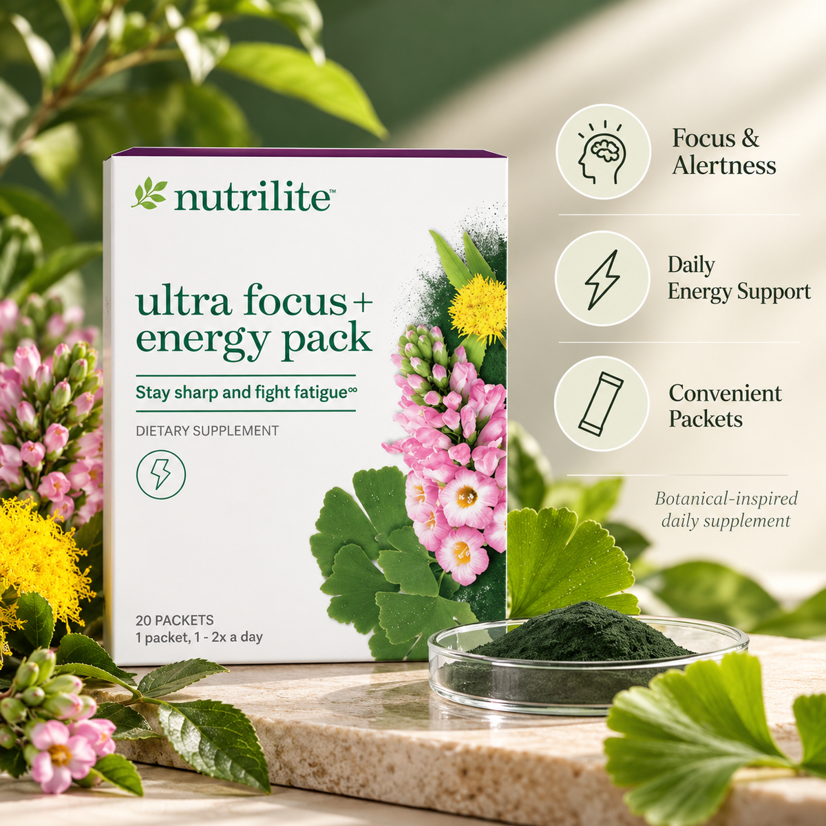 Amway Nutrilite Ultra Focus Energy Pack 20 Packets | B Vitamins, Ginkgo & Rhodiola | Nutrilite Ultra Focus Energy | B Vitamins Formula | Ginkgo Extract | Rhodiola Extract | 20 Packets | Original Formula for Adults | Plant-Based Nutrient Formula for Adults
