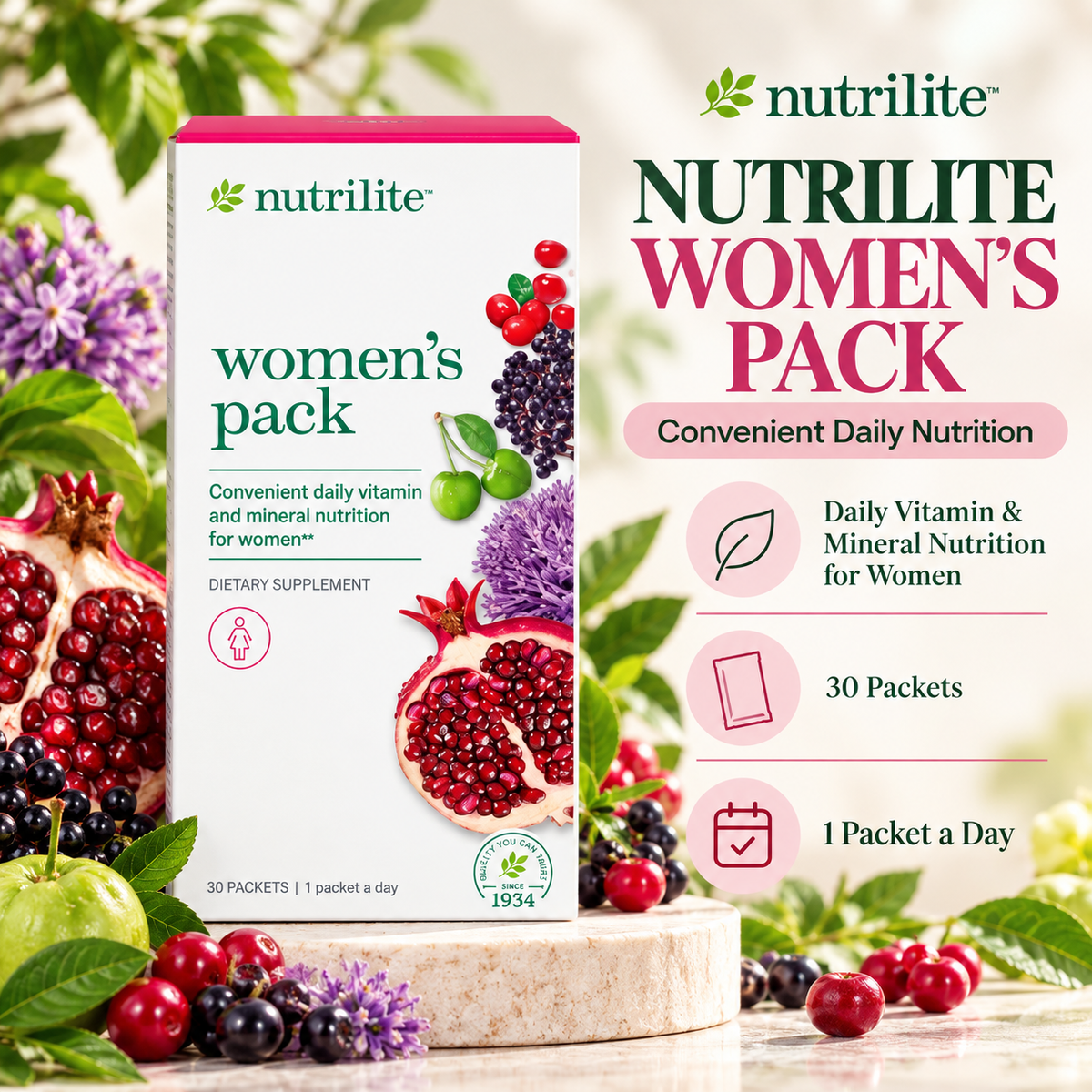 Amway Nutrilite Women's Pack, 30 Packets, Daily Multivitamin & Plant-Based Supplements, Women's Wellness, Daily Nutrition, Multivitamin Packets, Plant-Based Supplements, Women's Nutrition, Nutrilite Women's Pack, 30 Packet Pack, Daily Multivitamin Formula