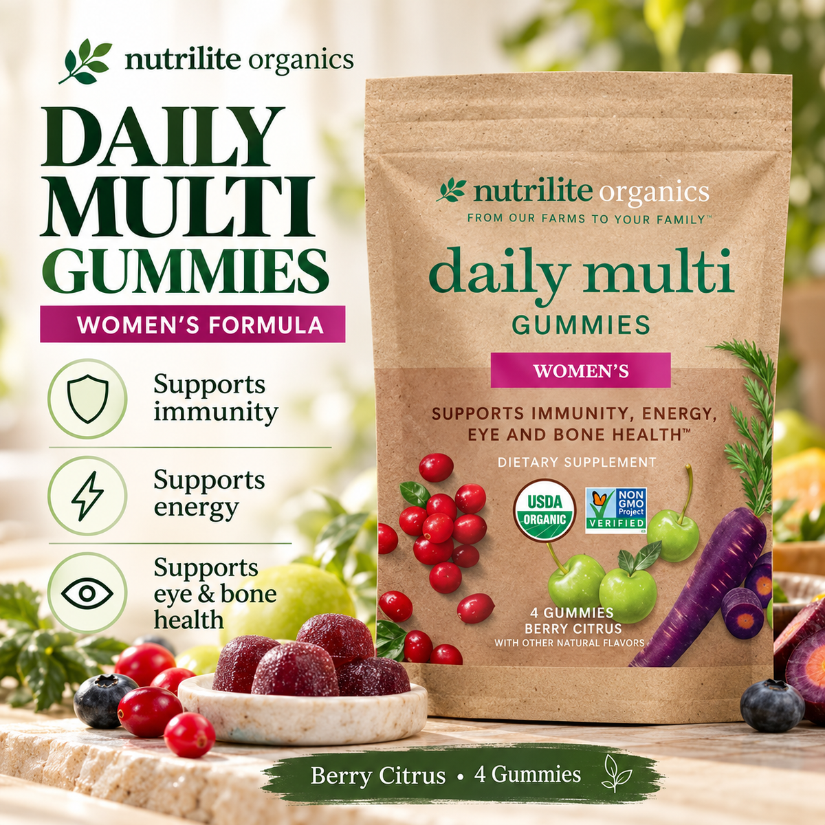 Amway Nutrilite Organics Women’s Daily Multi Gummies 10 Packs | Organic Multivitamin Gummies with Plant Nutrients | Women’s Daily Multi | Mixed Berry Flavor | Pectin Gummies | Individual Packs | Nutrilite Organics Gummies | 10 Sample Packs | Berry Flavor.
