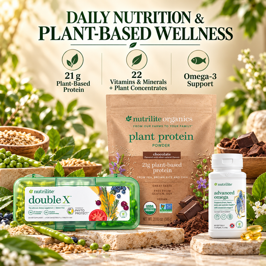 Amway Everyday Nutrition Solution Chocolate | Daily Nutrition Bundle | Plant Protein, Multivitamin & Omega | Chocolate Flavor Nutritional Shake with Protein, Vitamins, Minerals and Omega Nutrition Chocolate Nutritional Beverage Drink Mix