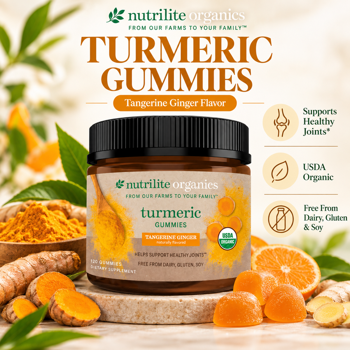 Amway Nutrilite Organics Turmeric Gummies 120 Gummies | Tangerine Ginger Flavor | Organic Turmeric Gummies with Curcumin | Plant-Based | Vegetarian | Nutrilite Organics | Turmeric Gummies | 120 Count | Tangerine Ginger | Original Formula for Adults