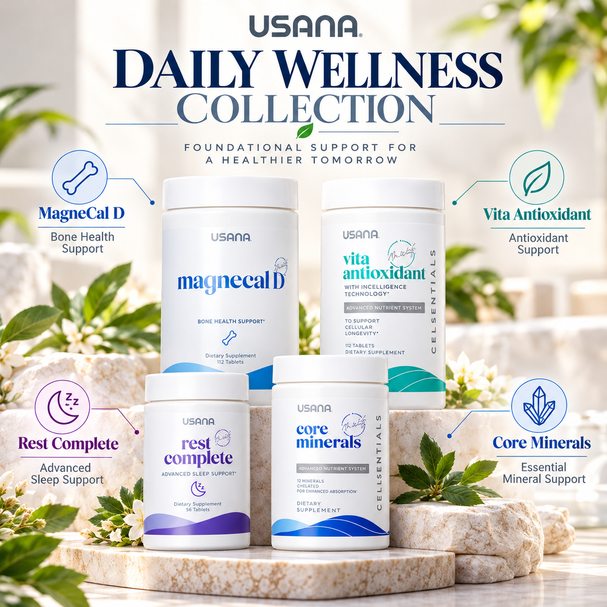 USANA Daily Renewal Pack | Daily Nutrition & Nighttime Wellness Bundle | HealthPak Proflavanol C100 BiOmega Probiotic CoQuinone 30 Vitamin D Proglucamune Daily Essentials Nighttime Routine Nutritional Products