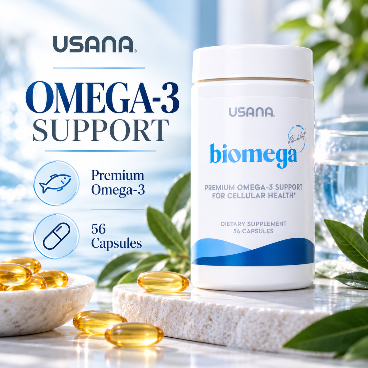 USANA BiOmega | Omega-3 Fish Oil Supplement with EPA, DHA & Vitamin D3 | Omega-3 Softgels | Fish Oil Softgels | EPA DHA Formula | Vitamin D3 | 56 Softgels | USANA Omega | Original USANA Product | Omega-3 Formula for Adults | Marine Omega Nutrient Formula