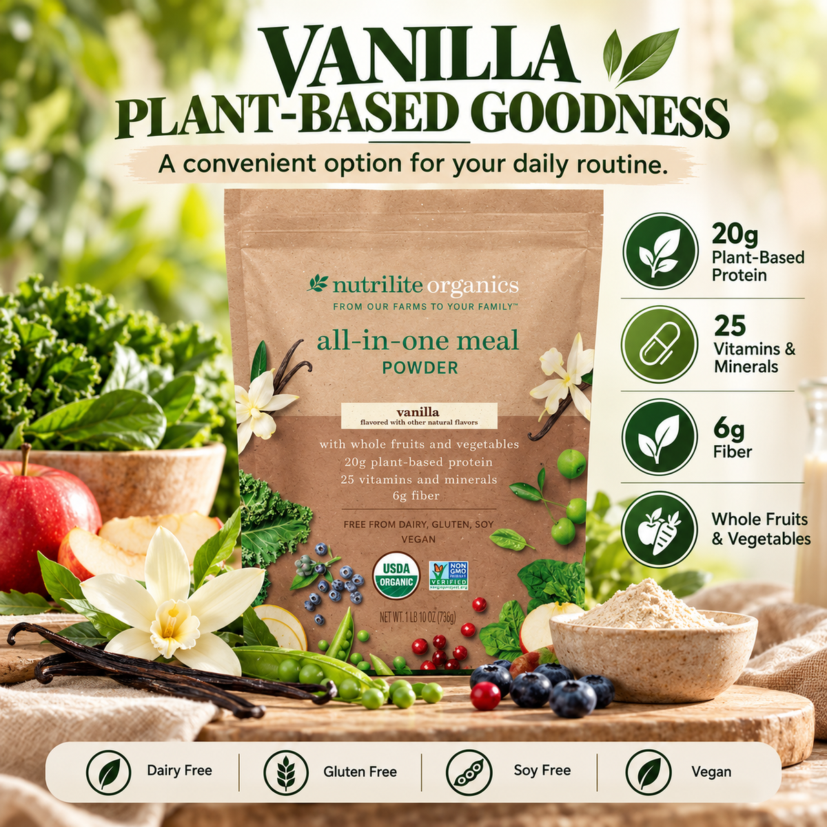 Amway Nutrilite Organics All-in-One Meal Powder Vanilla 15 Servings | Vegan Protein Shake Mix with Fiber Vitamins & Minerals | Vanilla Flavor | Organic Plant Ingredients | USDA Organic | Plant-Based Powder | Nutritional Beverage Mix | Daily Adult Formula.