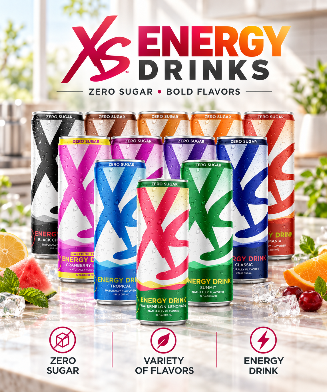 Amway XS Energy Drink 12 oz Variety Case | Sugar Free Zero Sugar Beverage | 12 Cans Assorted Flavors Black Cherry Cola Citrus Cranberry Grape Watermelon Lemonade Electric Lemon Root Beer Tropical Tamarindo Naranja