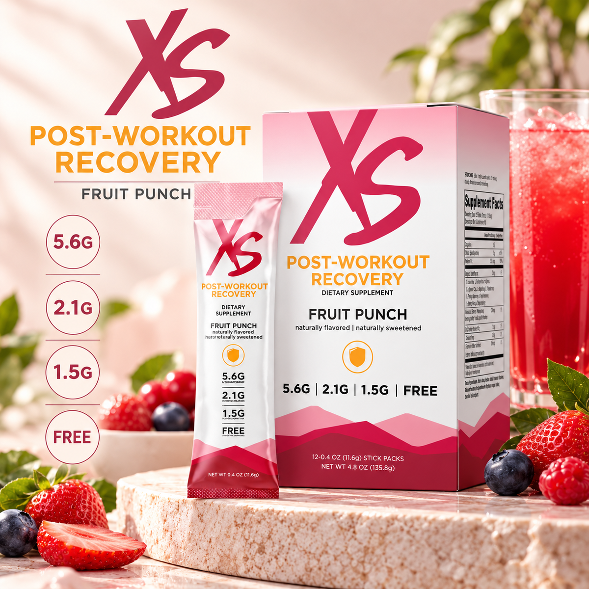 Amway XS Post-Workout Recovery Fruit Punch | 12 Stick Packs | Recovery Drink Mix | Fruit Punch Drink Mix | XS Post-Workout Drink | 12 Pack | Fruit Punch Flavor | Stick Pack Drink Mix | Amway XS Recovery Mix | Post-Workout Drink | Fruit Punch Recovery Pack