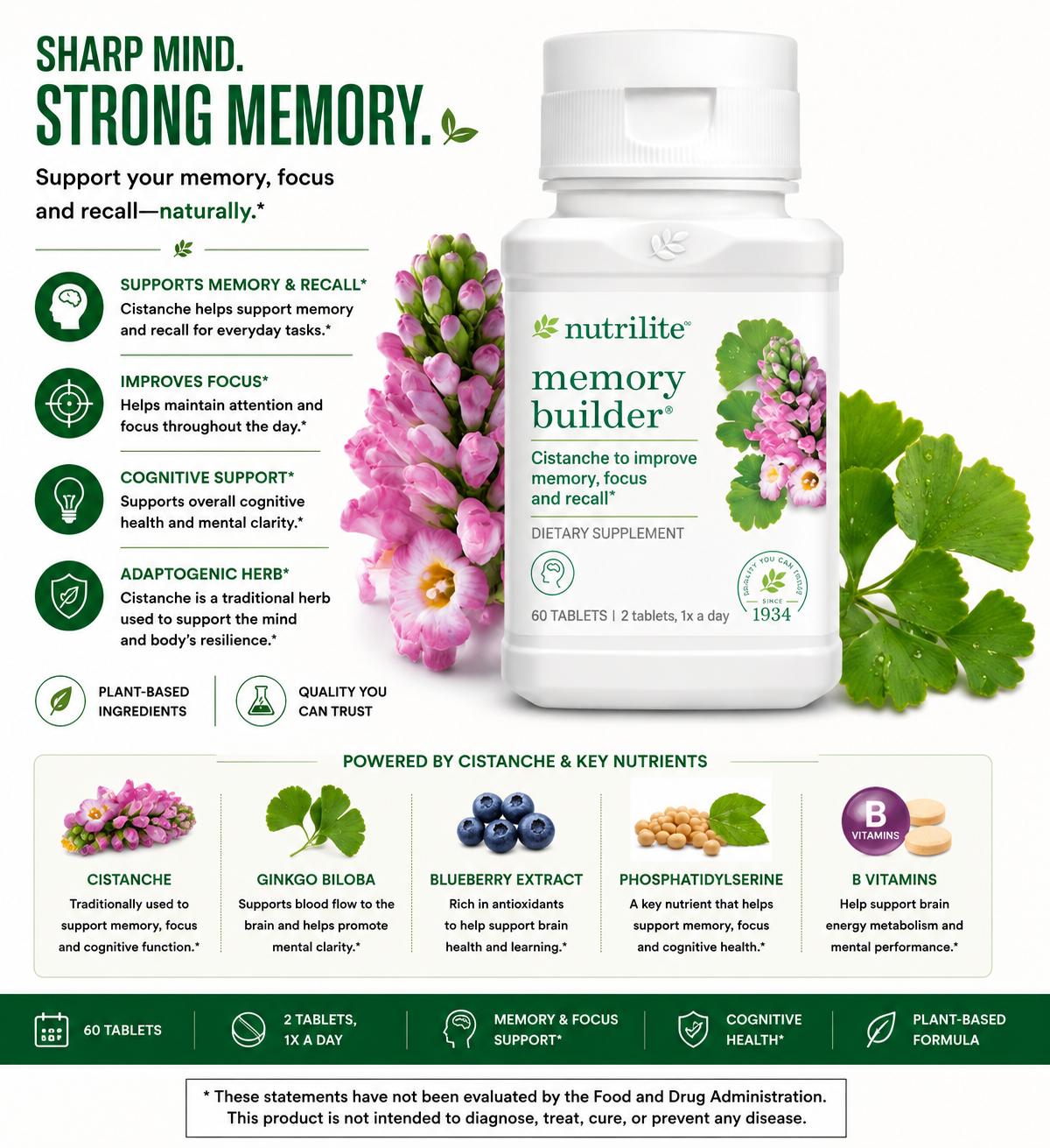 Amway Nutrilite Memory Builder Tablets 60 Count | Ginkgo Biloba & Cistanche Tubulosa | Plant-Based Formula | Ginkgo Extract |