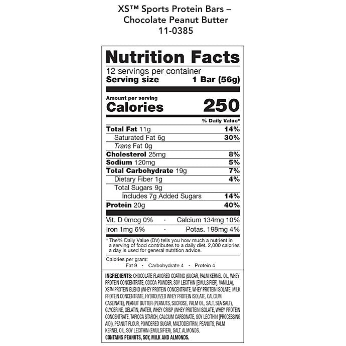 Amway XS Sports Protein Bars Chocolate Peanut Butter | 20 g Protein | 12 Bars | Chocolate Peanut Butter Flavor | Protein Snack Bar | Peanut Butter Bar | Chocolate Bar | XS Sports | Protein Bar | 12 Count | Ready-to-Eat Bars | Individual Bars | Original XS