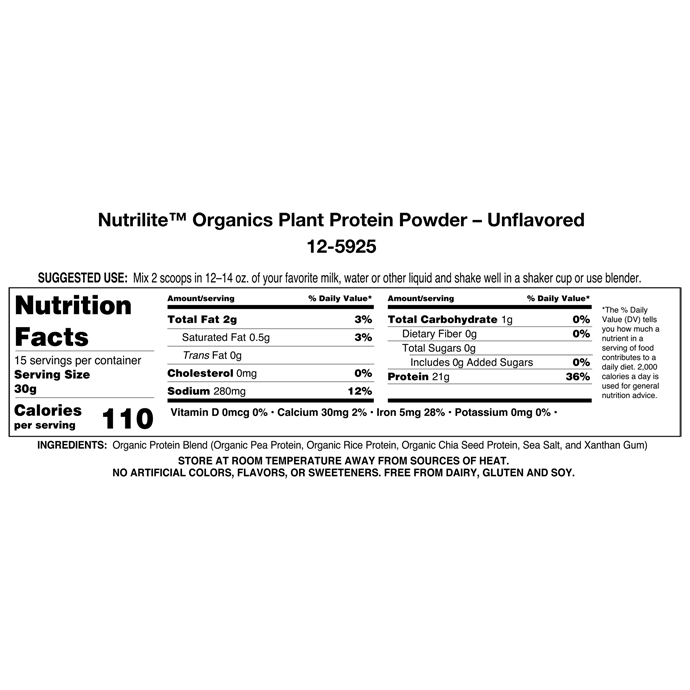 Amway Nutrilite Organics Unflavored Plant Protein Powder | 21 g Protein Per Serving | Organic Plant Protein Blend | Unflavored Protein Powder | Pea Rice Pumpkin Seed Protein | Plant-Based Powder | USDA Organic | Nutrilite Organics | Protein Powder Mix
