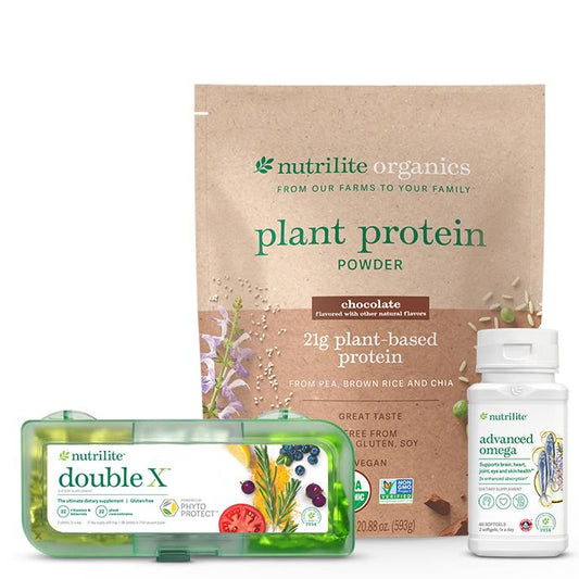 Amway Everyday Nutrition Solution Chocolate | Daily Nutrition Bundle | Plant Protein, Multivitamin & Omega | Chocolate Flavor Nutritional Shake with Protein, Vitamins, Minerals and Omega Nutrition Chocolate Nutritional Beverage Drink Mix
