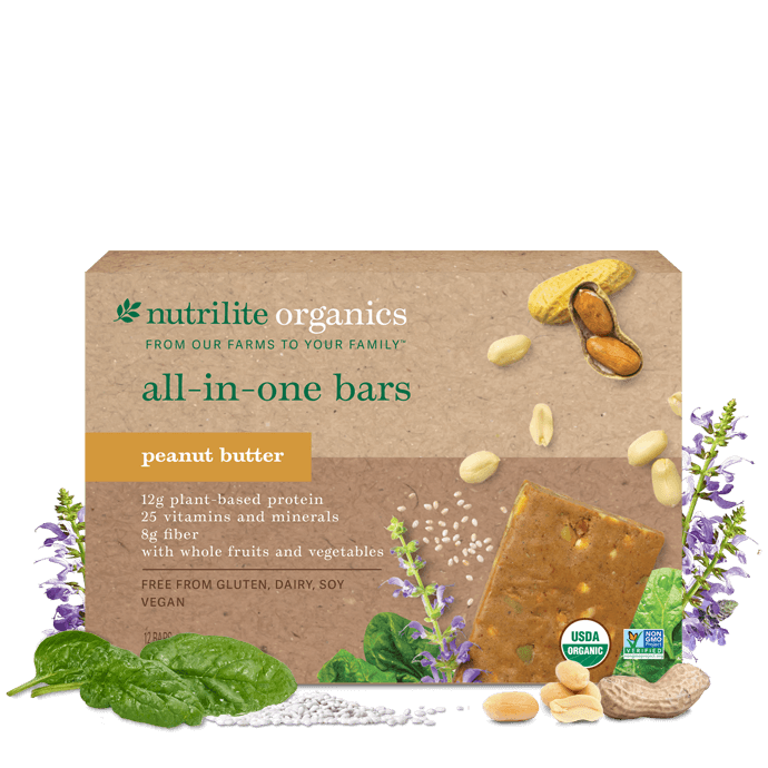 Amway Nutrilite Organics All-in-One Bars Peanut Butter 12 Pack | Vegan Protein Snack Bar with Fiber Vitamins Minerals | USDA Organic | Plant-Based | Dairy-Free | Gluten-Free | Peanut Butter Flavor | Cocoa | Organic Plant Ingredients | Original Formula