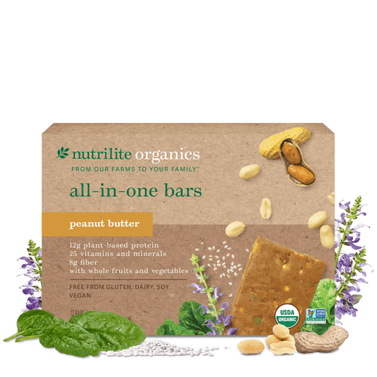 Amway Nutrilite Organics All-in-One Bars Peanut Butter 12 Pack | Vegan Protein Snack Bar with Fiber Vitamins Minerals | USDA Organic | Plant-Based | Dairy-Free | Gluten-Free | Peanut Butter Flavor | Cocoa | Organic Plant Ingredients | Original Formula