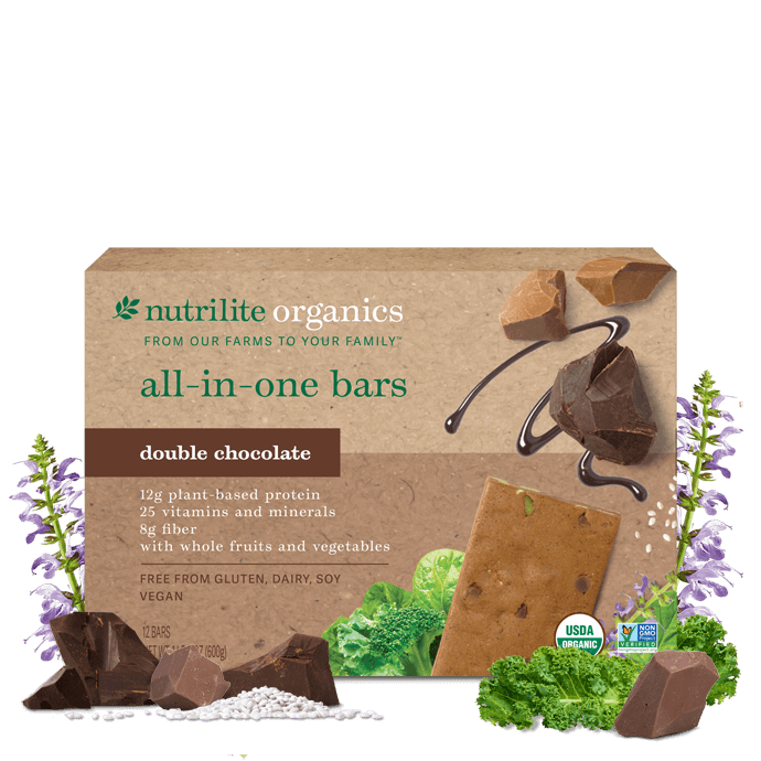 Amway Nutrilite Organics All-in-One Bars Double Chocolate 12 Pack | Vegan Protein Snack Bar with Fiber Vitamins Minerals | USDA Organic | Plant-Based Ingredients | Cocoa Bar | Double Chocolate Flavor | 2 Bars | Organic Plant Ingredients | Original Formula
