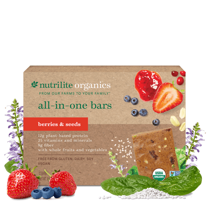 Amway Nutrilite Organics All-in-One Bars Berries & Seeds 12 Pack | Vegan Protein Snack Bar with Fiber Vitamins Minerals | USDA Organic | Plant-Based | Berry & Seed Flavor | Organic Plant Ingredients | 12 Bars | Original Formula for Adult | Nutritional Bar