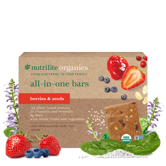Amway Nutrilite Organics All-in-One Bars Berries & Seeds 12 Pack | Vegan Protein Snack Bar with Fiber Vitamins Minerals | USDA Organic | Plant-Based | Berry & Seed Flavor | Organic Plant Ingredients | 12 Bars | Original Formula for Adult | Nutritional Bar