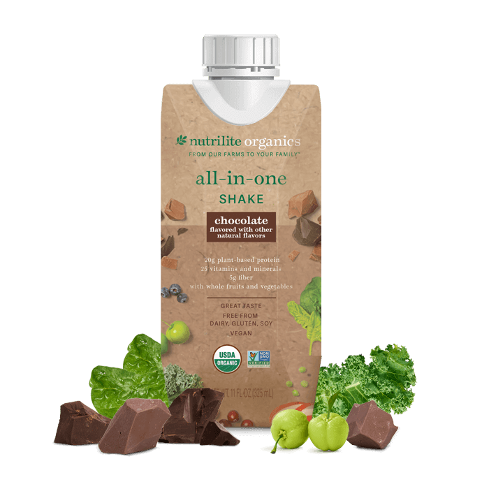 Amway Nutrilite Organics All-in-One Shakes Chocolate 12 Pack | Ready-to-Drink Vegan Protein Shake with Fiber Vitamins Minerals | USDA Organic | Plant-Based Beverage | Chocolate Flavor | 12 Bottles | Organic Plant Ingredients | Original Formula for Adults.