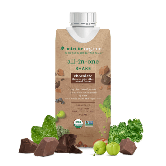 Amway Nutrilite Organics All-in-One Shakes Chocolate 12 Pack | Ready-to-Drink Vegan Protein Shake with Fiber Vitamins Minerals | USDA Organic | Plant-Based Beverage | Chocolate Flavor | 12 Bottles | Organic Plant Ingredients | Original Formula for Adults.