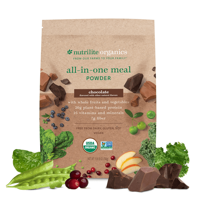 Amway Nutrilite Organics All-in-One Meal Powder Chocolate 15 Servings | Vegan Protein Shake Mix with Fiber Vitamins Minerals | USDA Organic | Plant-Based Beverage | Chocolate Flavor | Organic Plant Ingredients | Nutritional Beverage Mix | Original Formula