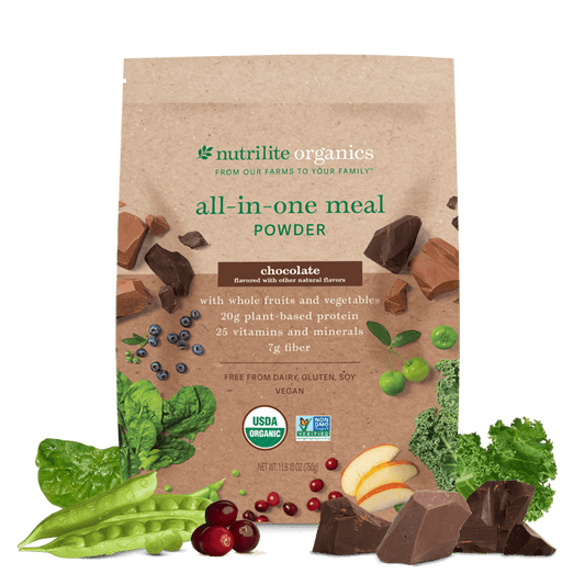 Amway Nutrilite Organics All-in-One Meal Powder Chocolate 15 Servings | Vegan Protein Shake Mix with Fiber Vitamins Minerals | USDA Organic | Plant-Based Beverage | Chocolate Flavor | Organic Plant Ingredients | Nutritional Beverage Mix | Original Formula