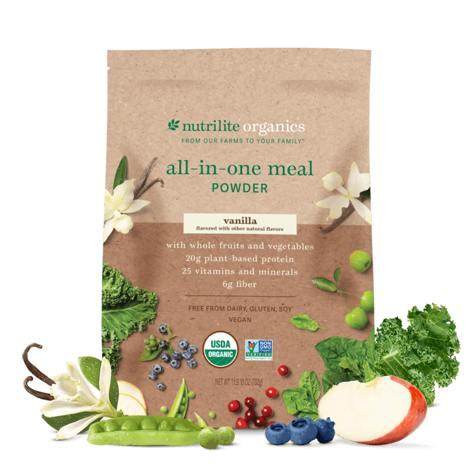 Amway Nutrilite Organics All-in-One Meal Powder Vanilla 15 Servings | Vegan Protein Shake Mix with Fiber Vitamins & Minerals | Vanilla Flavor | Organic Plant Ingredients | USDA Organic | Plant-Based Powder | Nutritional Beverage Mix | Daily Adult Formula.