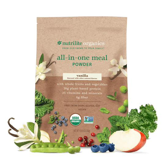 Amway Nutrilite Organics All-in-One Meal Powder Vanilla 15 Servings | Vegan Protein Shake Mix with Fiber Vitamins & Minerals | Vanilla Flavor | Organic Plant Ingredients | USDA Organic | Plant-Based Powder | Nutritional Beverage Mix | Daily Adult Formula.