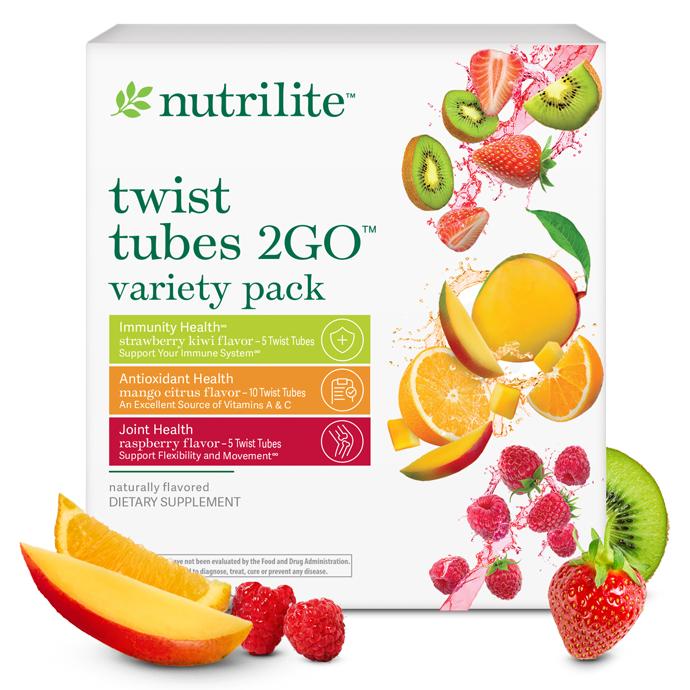 Amway Nutrilite Twist Tubes 2GO Variety Pack | On-the-Go Drink Mix | 20 Tubes, Assorted Flavors | Drink Mix Powder | Individu