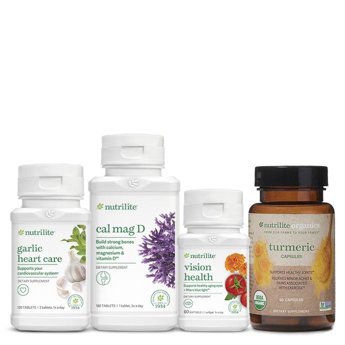 Amway Nutrilite Healthy Aging Solution Bundle | Garlic Heart Care | Cal Mag D | Vision Health | Turmeric Capsules | Garlic Ex