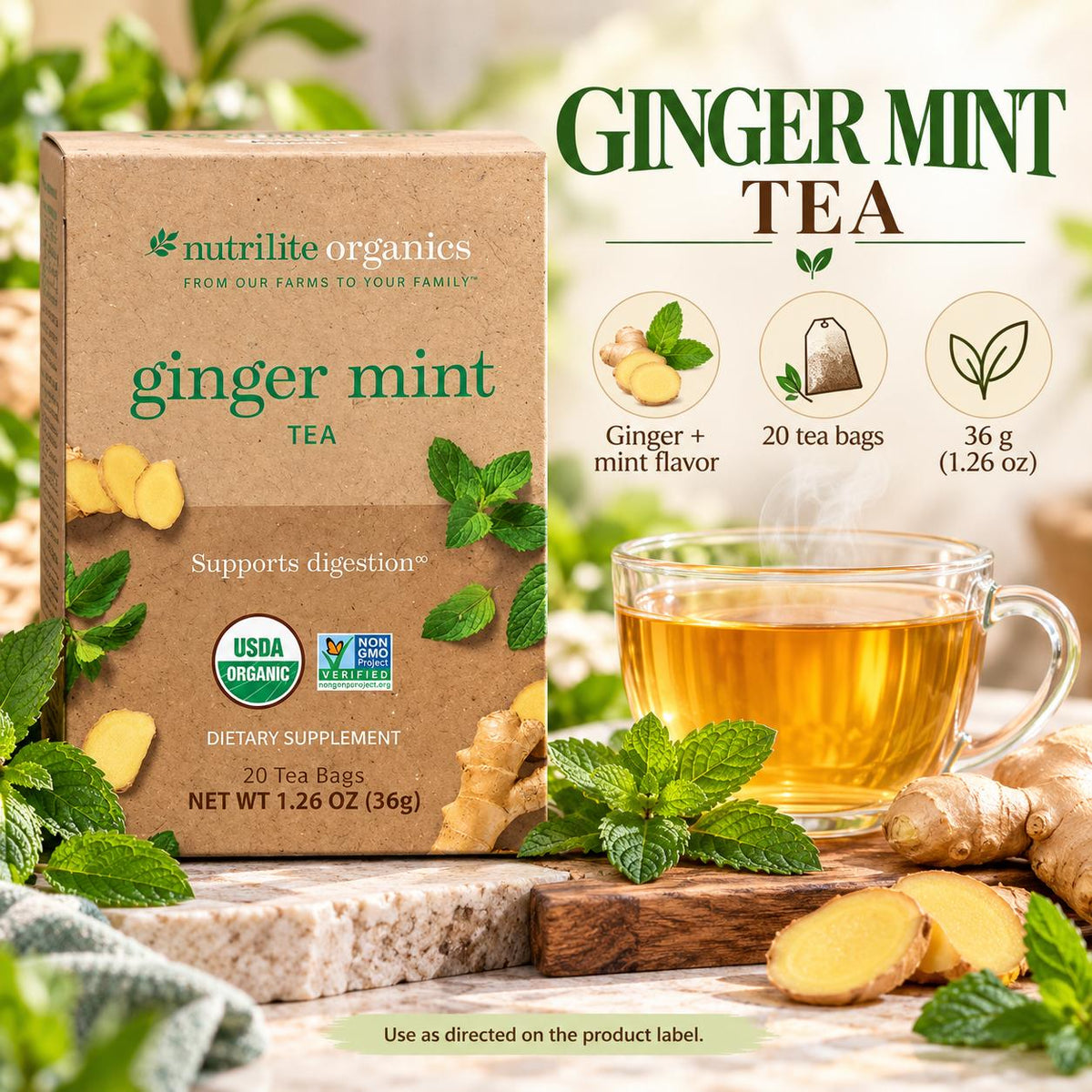 Nutrilite Organics Ginger Mint Tea 20 Servings Organic Herbal Tea with Ginger and Mint Plant Based Caffeine Free Herbal Beverage Natural Flavor for Daily Refreshment Relaxing Tea Ritual and Convenient Wellness Routines