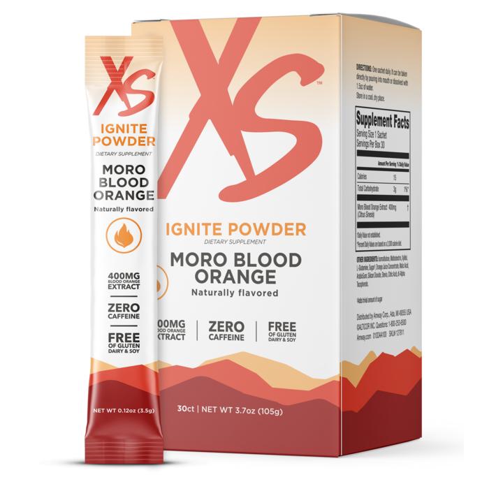 Amway XS Ignite Powder Moro Blood Orange 30 Stick Packs | Moro Blood Orange Flavor | Drink Mix | Powder Beverage | 30 Stick Packs | Blood Orange | XS Ignite | Original Formula | Individual Stick Packs | Citrus Flavor | Ready-to-Mix Drink | XS Product
