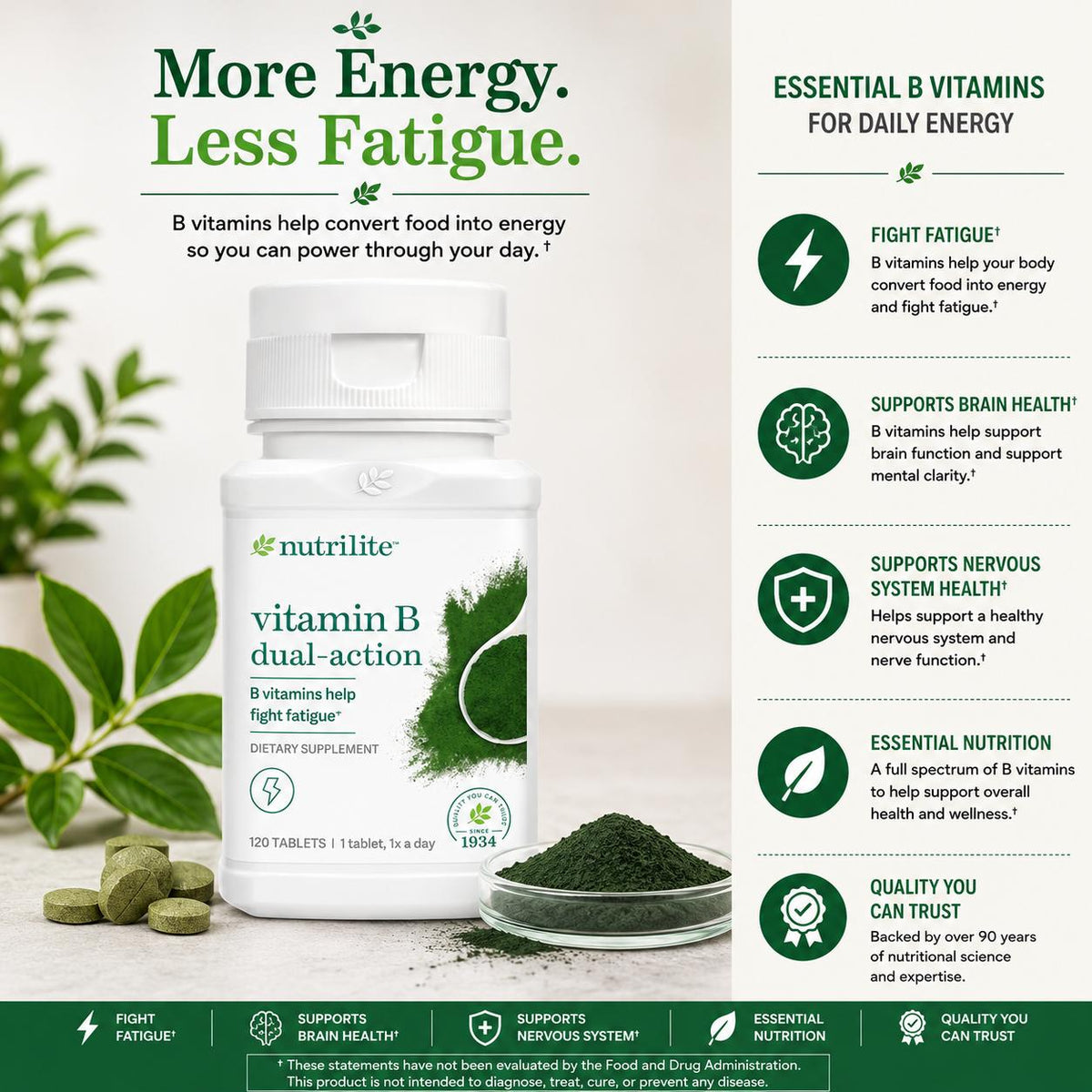 Amway Nutrilite Vitamin B Complex Dual-Release 120 Tablets | Time-Release B Vitamins & Spirulina | Vitamin B Complex Formula 